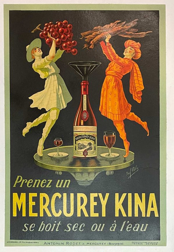 Paul Mohr Mercurey Kina vintage lithographic poster 1925, linen-backed original Art Nouveau wine advertising print featuring two figures with Mercurey Kina bottle and glasses on dark background, signed in plate by Paul Gustave Mohr, small format 11x16.5 inches