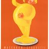 Vintage circa 1948 offset-lithograph poster by German artist Richard Roth for Perlach Macaroni Spaghetti brand, featuring whimsical anthropomorphic pasta man growing progressively larger against vibrant orange background, Ebbinghaus optical illusion of relative size perception, Dorland advertising agency Munich; original Obpacher lithograph, museum-quality preservation, mid-century German design innovation.