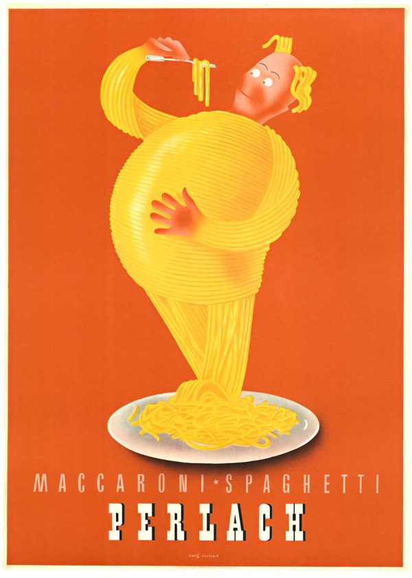 Vintage circa 1948 offset-lithograph poster by German artist Richard Roth for Perlach Macaroni Spaghetti brand, featuring whimsical anthropomorphic pasta man growing progressively larger against vibrant orange background, Ebbinghaus optical illusion of relative size perception, Dorland advertising agency Munich; original Obpacher lithograph, museum-quality preservation, mid-century German design innovation.