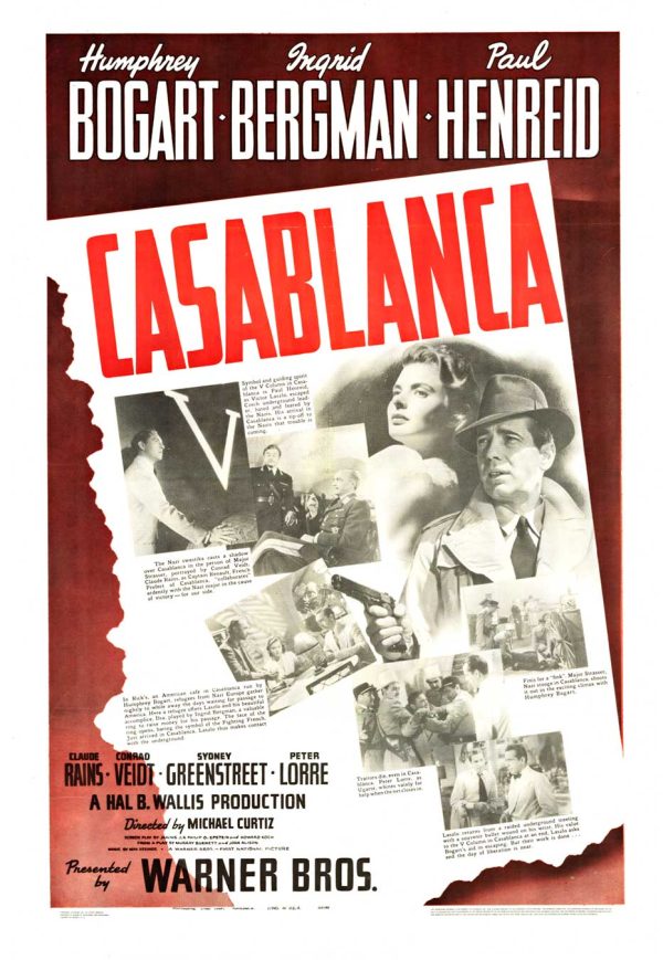 1942 Casablanca U.S. one-sheet poster, artist unknown, featuring Humphrey Bogart and Ingrid Bergman with a collage of film scenes and bold diagonal red title.