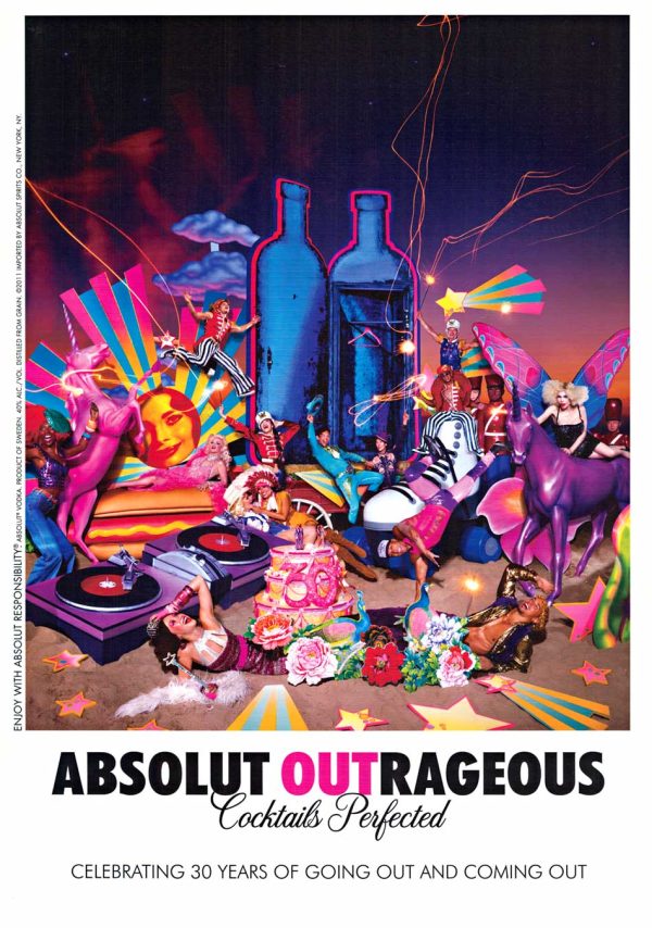 Original 2011 Absolut Outrageous poster by David LaChapelle featuring pop art surrealism, vibrant colors, and cocktail imagery with Absolut bottle motif