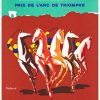 Bernard Villemot Prix de L'Arc de Triomphe 1974 vintage lithograph poster featuring five modernist jockeys on racehorses, Loterie Nationale, original linen-backed