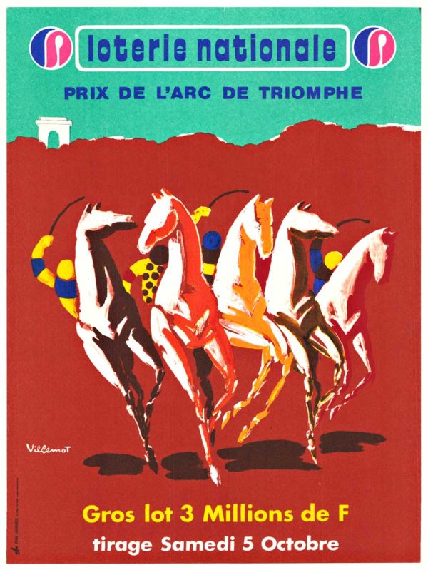 Bernard Villemot Prix de L'Arc de Triomphe 1974 vintage lithograph poster featuring five modernist jockeys on racehorses, Loterie Nationale, original linen-backed