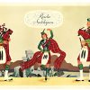 Vintage 1940s Scottish bagpiper poster featuring kilted musicians in vibrant tartan patterns, original lithograph by John Atherton, linen-backed