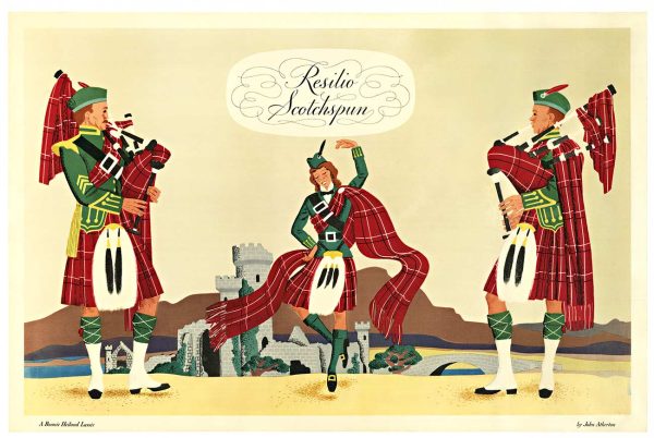 Vintage 1940s Scottish bagpiper poster featuring kilted musicians in vibrant tartan patterns, original lithograph by John Atherton, linen-backed