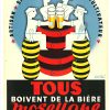Original 1950 French beer poster for Bière Mosellane by Édouard Bollaert, vintage lithograph featuring bold bee and barrel imagery, Art Deco typography, linen-backed collectible advertising art from Moselle Valley