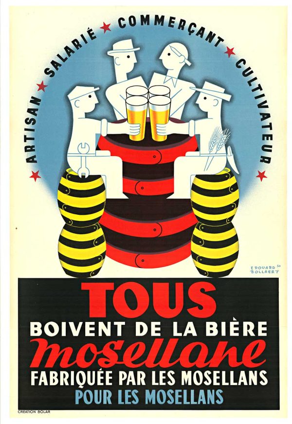Original 1950 French beer poster for Bière Mosellane by Édouard Bollaert, vintage lithograph featuring bold bee and barrel imagery, Art Deco typography, linen-backed collectible advertising art from Moselle Valley