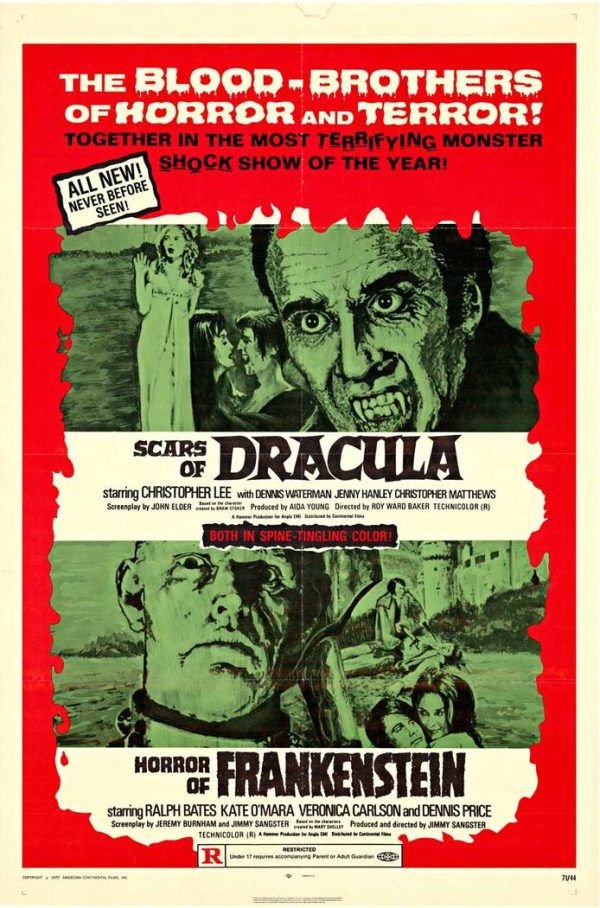 1971 Hammer Films U.S. one-sheet double-feature poster “Scars of Dracula / Horror of Frankenstein” in 27 x 41 NSS format with Christopher Lee Dracula artwork and horror collage design.