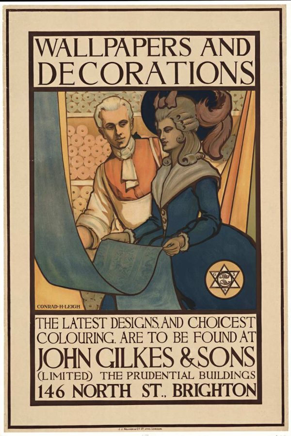 Original 1915 Conrad H. Leigh stone lithograph poster for John Gilkes & Sons wallpapers and decorations shop in Brighton, England; shows shopper and salesman in period costume; 31x47", linen-backed