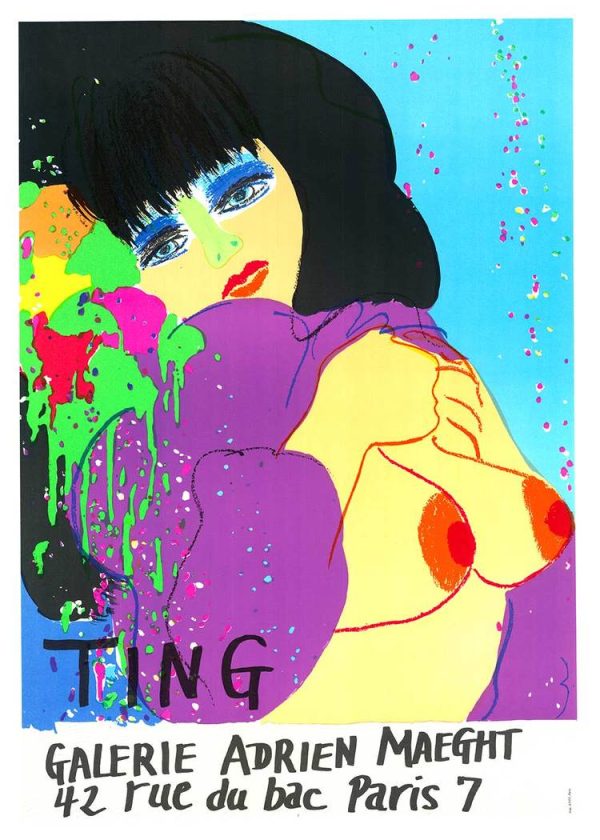 Ting Walasse Galerie Adrien Maeght 1974 exhibition poster, vibrant fluorescent Pop Art nude with bold colors and sensuous lines, linen-backed, 19.75 x 28.25 inches
