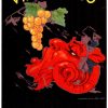 1922 Italian wine poster featuring sensuous red Bacchus satyr figure reaching upward, golden grape cluster above against black background, deep crimson flowers with spiral formations, Art Deco design, Plinio Codognato style