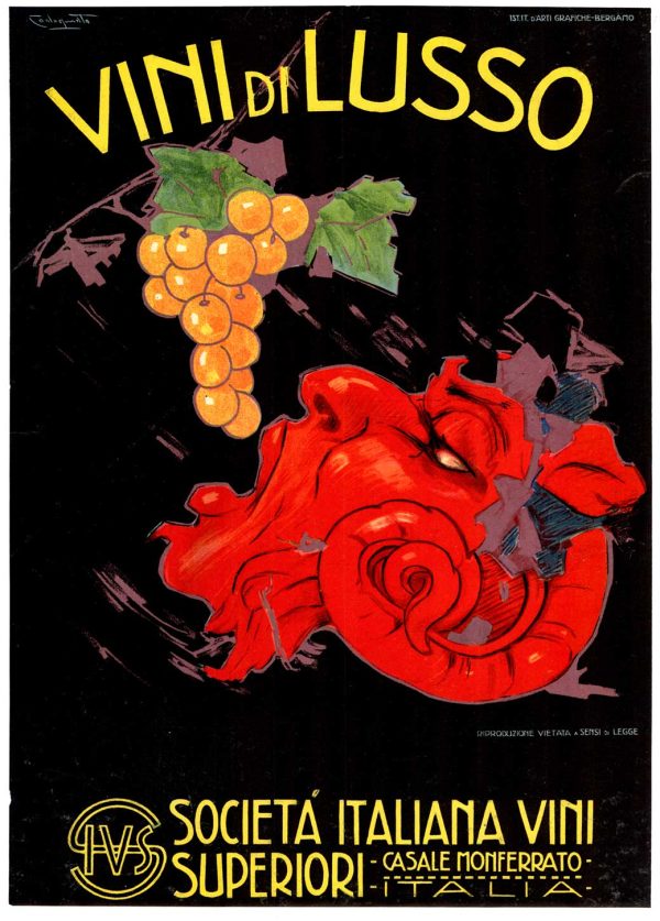 1922 Italian wine poster featuring sensuous red Bacchus satyr figure reaching upward, golden grape cluster above against black background, deep crimson flowers with spiral formations, Art Deco design, Plinio Codognato style