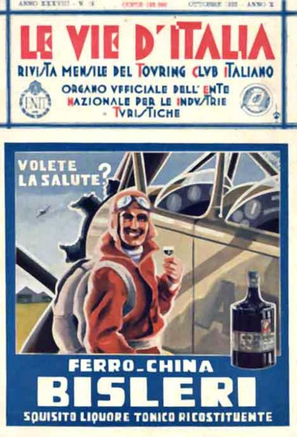 Art Deco magazine advertisement by Renzo Bassi for Ferro China Bisleri featuring pilot in leather flight gear raising glass, 1932 Italian tonic wine ad, linen-backed.