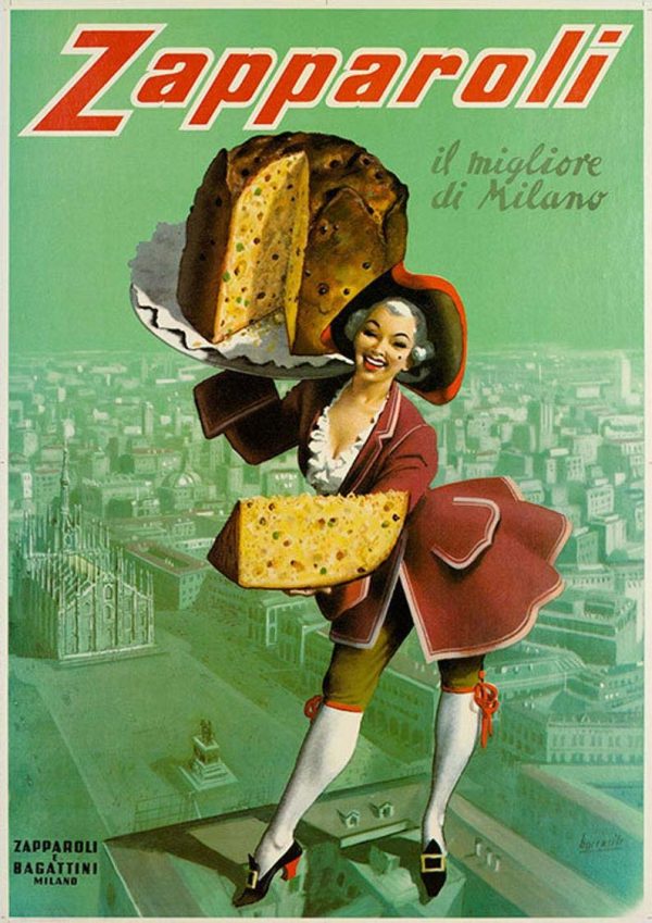Elegant woman in burgundy jacket holding oversized panettone cake against vibrant green background; Milan Duomo silhouette in cityscape; vintage Italian food advertisement celebrating festive holiday tradition and Italian craftsmanship.