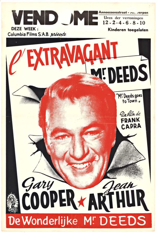 Vintage Belgium movie poster for “MR. DEEDS GOES TO TOWN” with Gary Cooper and Jean Arthur portraits, French headline “L'extravagant Mr. Deeds”, and “Linen backed” presentation style; credits include Frank Capra