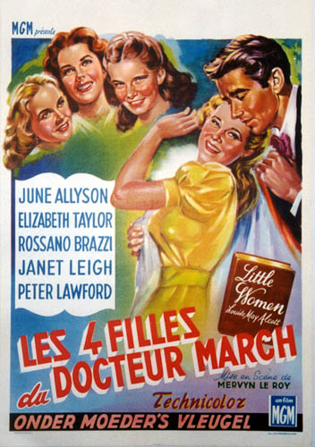 “LES 4 FILLES DU DOCTEUR MARCH” vintage Belgium movie poster for Little Women showing smiling characters and a hand-in-happy-scene tableau, with cast names “JUNE ALLYSON,” “ELIZABETH TAYLOR,” “ROSSANO BRAZZI,” “JANET LEIGH,” and “PETER LAWFORD” printed on the left and the “Little Women” title displayed on the right.