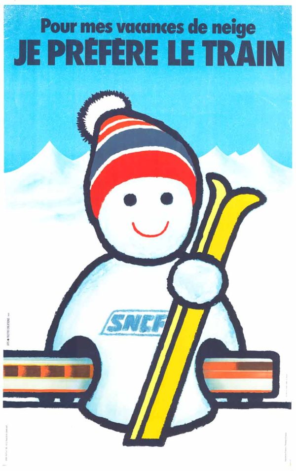 Original SNCF ski travel poster featuring a snowman mascot in a winter ski theme, mounted on acid-free archival linen.