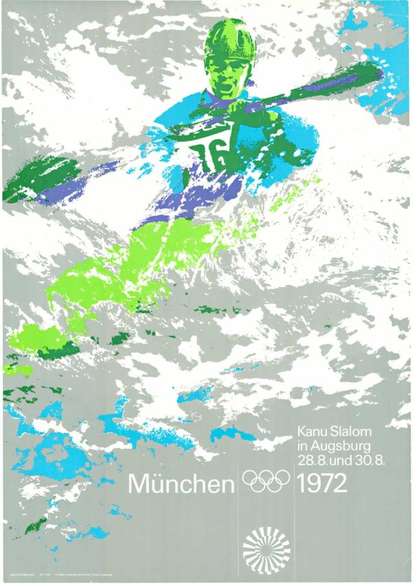 Original Munich 1972 Kanu Slalom lithograph poster by Erich Baumann (linen-backed) — silver ink background detail