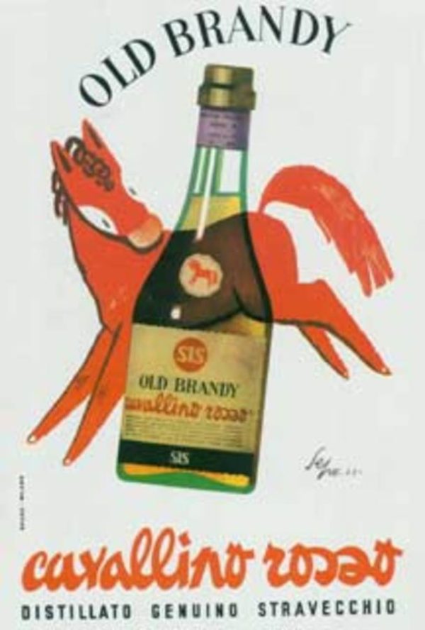 Sepo Old Brandy 1953 vintage lithograph poster by Severo Pozzati with red ribbon and brandy bottle illustration, original linen-backed advertising art