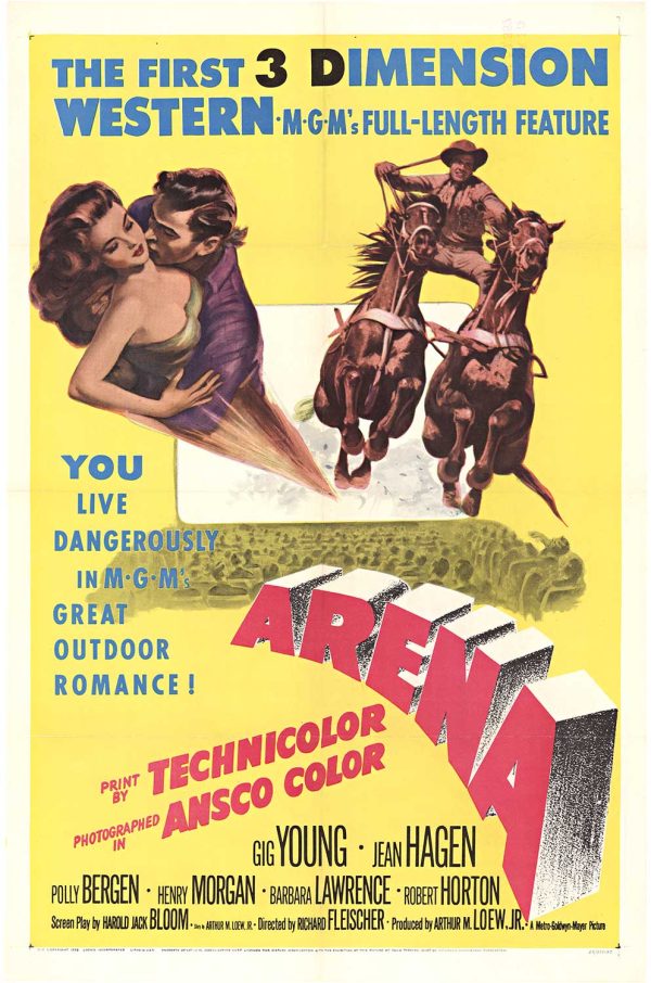 Original 1953 Arena U.S. one-sheet vintage movie poster, 27x41.5 inches, offset lithograph, linen backed, first 3-D Western MGM Gig Young Jean Hagen