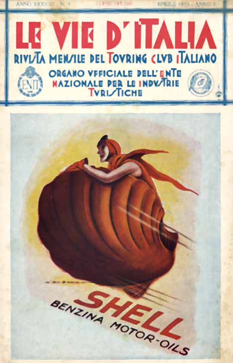 Original 1932 Shell magazine advertisement by Marcello Dudovich: heroic male aviator in leather flight jacket perched atop a massive burgundy airship against golden sky, Italian tourism authority header, linen-backed lithograph, 6.25 x 10.5 inches"
