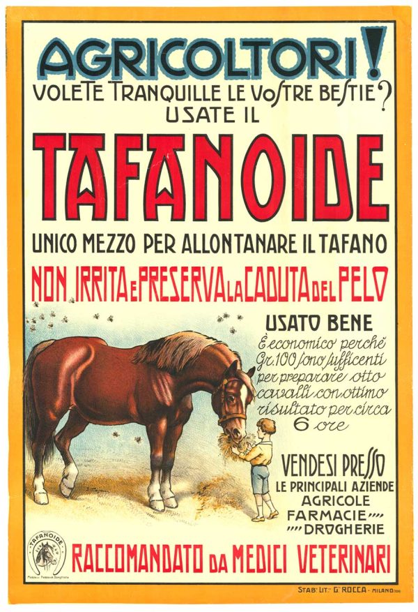 Original Tafanoide Italian vintage poster, 1930s horse feed advertisement, authentic agricultural lithograph, veterinary-endorsed product, linen-backed, collectible vintage poster