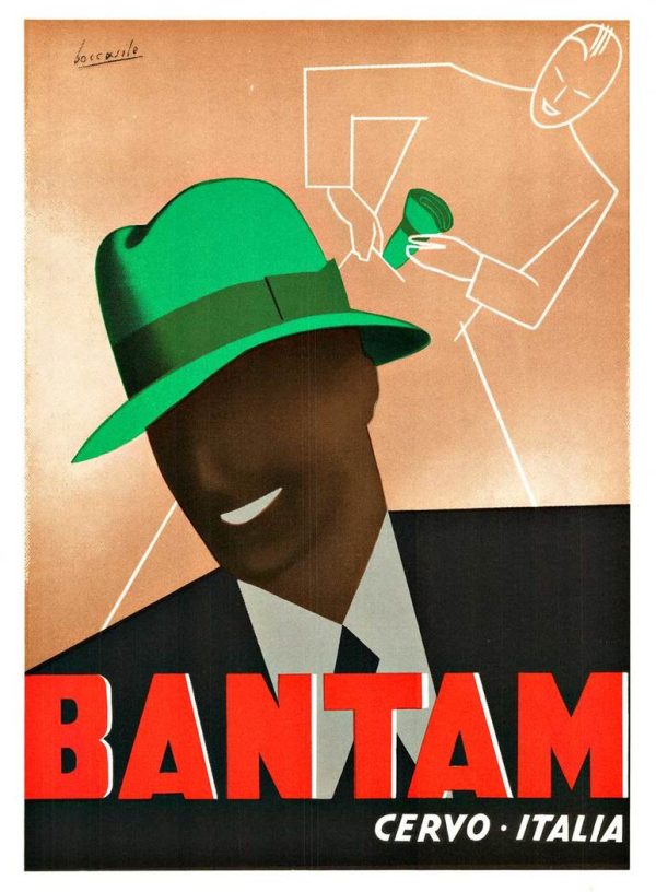 Original 1950s Bantam Pocket Hat vintage poster by Gino Boccasile, Italian lithograph showing dashing man in green fedora with minimalist pocket-fold design, linen-backed, professional conservation