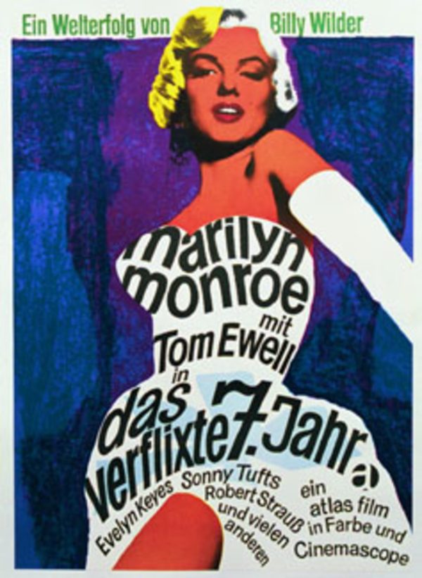 1966 Das verflixte 7. Jahr (The Seven Year Itch) German poster by Dorothea Fischer-Nosbisch featuring a stylized Marilyn Monroe in a white dress with bold text across it.