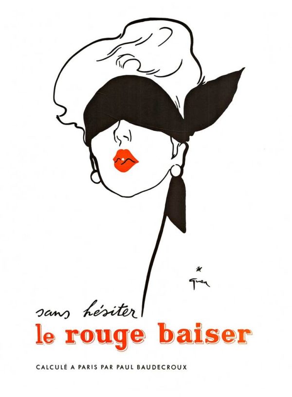 Original 1949 Le Rouge Baiser René Gruau French lithograph poster, linen-backed, iconic vintage beauty lipstick advertising