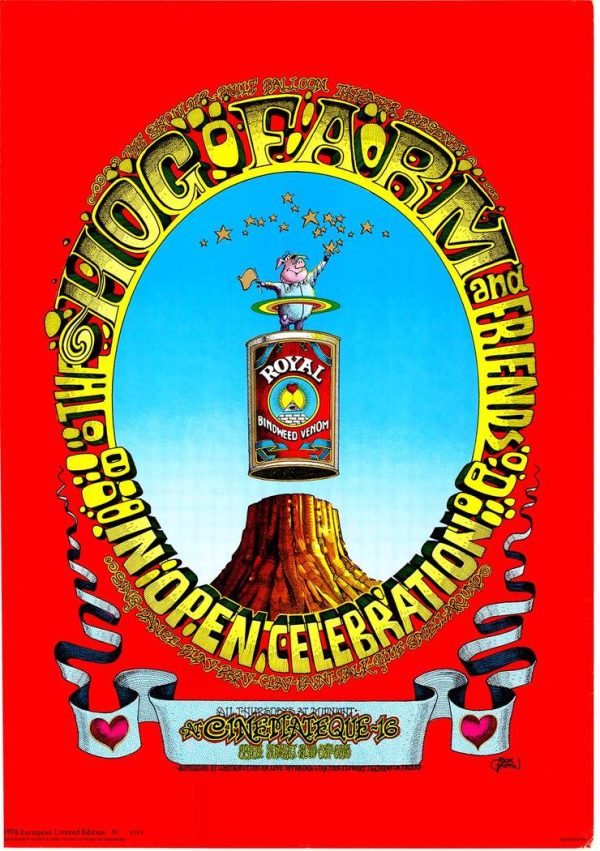 1976 Rick Griffin Original Hog Farm & Friends poster limited European edition featuring psychedelic swirling typography and a central can reading “Royal Bindweed Venom” on lightweight white paper, Roundhouse Edition exhibit in London.