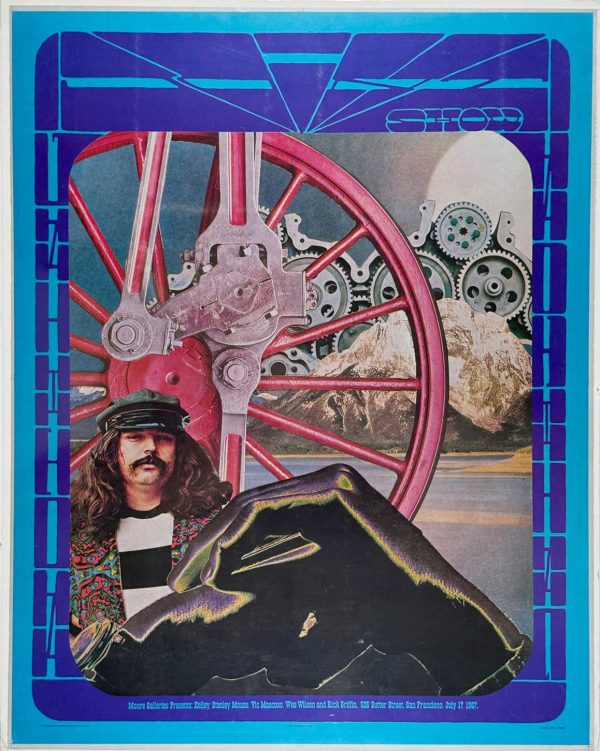 Joint Show 1967 exhibition poster original offset-lithograph showing a psychedelic central figure in a hat with bold mechanical and surreal design elements in vivid colors, printed as an untrimmed proof with registration marks.