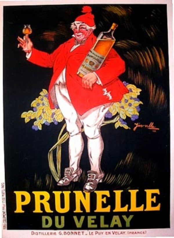 1922 Prunelle du Velay French liqueur poster by Henri Jarville, vintage advertising lithograph with man holding bottle and glass