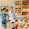 Warm chromolithograph depicting a turn-of-the-century German bakery interior with a cream and sage-green palette. A dapper male baker in a cream jacket and brown vest stands center-right, gesturing toward abundant wooden display cases stocked with golden-brown loaves, braided rolls, pastries, and elaborate cakes. A woman customer in a blue coat examines goods while two children peer upward in wonder. The shelving displays a taxonomy of baked goods—dense rye loaves, crusty baguettes, crescent rolls, ornate bundt cakes—rendered in warm ochres and burnt siennas. Lithographic color separation creates soft transitions and naturalistic flesh tones. The composition emphasizes abundance, craft, and the pride of the artisan baker.
