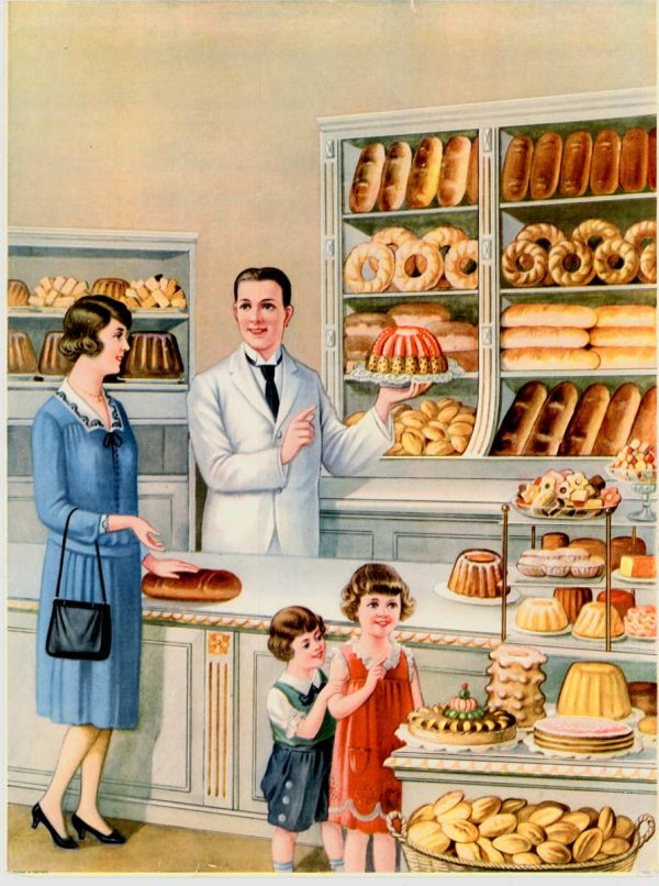 Warm chromolithograph depicting a turn-of-the-century German bakery interior with a cream and sage-green palette. A dapper male baker in a cream jacket and brown vest stands center-right, gesturing toward abundant wooden display cases stocked with golden-brown loaves, braided rolls, pastries, and elaborate cakes. A woman customer in a blue coat examines goods while two children peer upward in wonder. The shelving displays a taxonomy of baked goods—dense rye loaves, crusty baguettes, crescent rolls, ornate bundt cakes—rendered in warm ochres and burnt siennas. Lithographic color separation creates soft transitions and naturalistic flesh tones. The composition emphasizes abundance, craft, and the pride of the artisan baker.