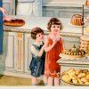 Warm chromolithograph depicting a turn-of-the-century German bakery interior with a cream and sage-green palette. A dapper male baker in a cream jacket and brown vest stands center-right, gesturing toward abundant wooden display cases stocked with golden-brown loaves, braided rolls, pastries, and elaborate cakes. A woman customer in a blue coat examines goods while two children peer upward in wonder. The shelving displays a taxonomy of baked goods—dense rye loaves, crusty baguettes, crescent rolls, ornate bundt cakes—rendered in warm ochres and burnt siennas. Lithographic color separation creates soft transitions and naturalistic flesh tones. The composition emphasizes abundance, craft, and the pride of the artisan baker. detail panel 2