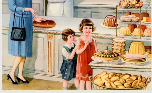 Warm chromolithograph depicting a turn-of-the-century German bakery interior with a cream and sage-green palette. A dapper male baker in a cream jacket and brown vest stands center-right, gesturing toward abundant wooden display cases stocked with golden-brown loaves, braided rolls, pastries, and elaborate cakes. A woman customer in a blue coat examines goods while two children peer upward in wonder. The shelving displays a taxonomy of baked goods—dense rye loaves, crusty baguettes, crescent rolls, ornate bundt cakes—rendered in warm ochres and burnt siennas. Lithographic color separation creates soft transitions and naturalistic flesh tones. The composition emphasizes abundance, craft, and the pride of the artisan baker. detail panel 2