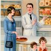 Warm chromolithograph depicting a turn-of-the-century German bakery interior with a cream and sage-green palette. A dapper male baker in a cream jacket and brown vest stands center-right, gesturing toward abundant wooden display cases stocked with golden-brown loaves, braided rolls, pastries, and elaborate cakes. A woman customer in a blue coat examines goods while two children peer upward in wonder. The shelving displays a taxonomy of baked goods—dense rye loaves, crusty baguettes, crescent rolls, ornate bundt cakes—rendered in warm ochres and burnt siennas. Lithographic color separation creates soft transitions and naturalistic flesh tones. The composition emphasizes abundance, craft, and the pride of the artisan baker. detail panel
