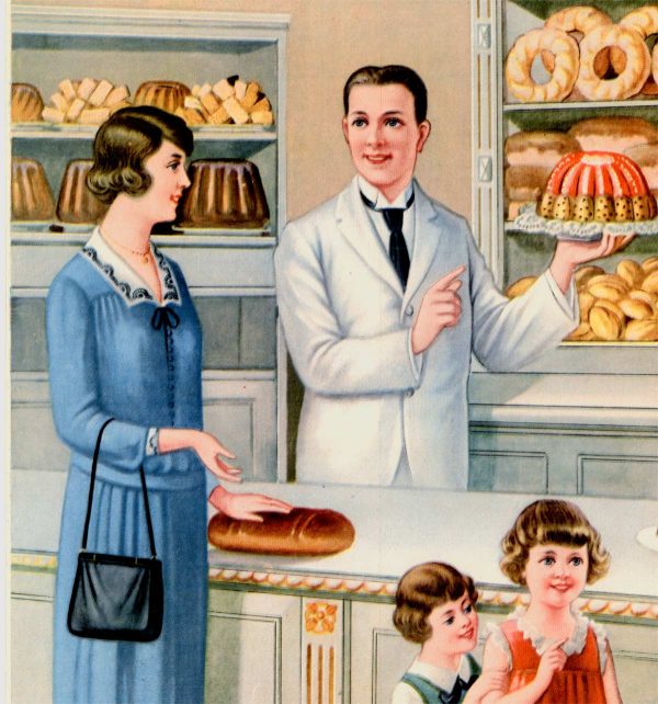 Warm chromolithograph depicting a turn-of-the-century German bakery interior with a cream and sage-green palette. A dapper male baker in a cream jacket and brown vest stands center-right, gesturing toward abundant wooden display cases stocked with golden-brown loaves, braided rolls, pastries, and elaborate cakes. A woman customer in a blue coat examines goods while two children peer upward in wonder. The shelving displays a taxonomy of baked goods—dense rye loaves, crusty baguettes, crescent rolls, ornate bundt cakes—rendered in warm ochres and burnt siennas. Lithographic color separation creates soft transitions and naturalistic flesh tones. The composition emphasizes abundance, craft, and the pride of the artisan baker. detail panel