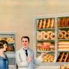Warm chromolithograph depicting a turn-of-the-century German bakery interior with a cream and sage-green palette. A dapper male baker in a cream jacket and brown vest stands center-right, gesturing toward abundant wooden display cases stocked with golden-brown loaves, braided rolls, pastries, and elaborate cakes. A woman customer in a blue coat examines goods while two children peer upward in wonder. The shelving displays a taxonomy of baked goods—dense rye loaves, crusty baguettes, crescent rolls, ornate bundt cakes—rendered in warm ochres and burnt siennas. Lithographic color separation creates soft transitions and naturalistic flesh tones. The composition emphasizes abundance, craft, and the pride of the artisan baker. top panel