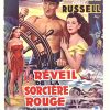 c. 1950s Unknown (studio-issued) Le Réveil de la Sorcière Rouge (Wake of the Red Witch) film poster, featuring John Wayne and Gail Russell in a shipboard romantic tableau with red title lettering, turbulent sea imagery, and underwater battle motifs, Belgian small format.