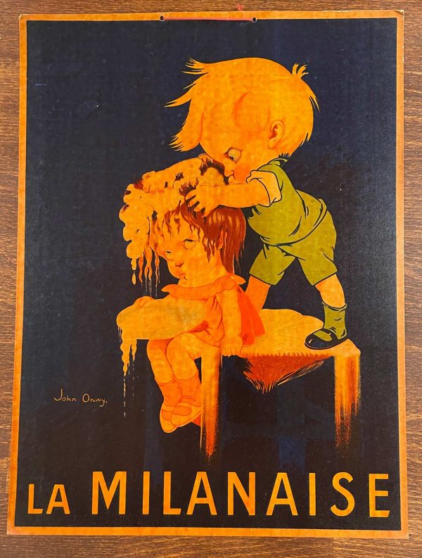 Original circa 1930 French stone-lithograph poster for La Milanaise hair product; features warm orange illustration of young boy shampooing sister's hair, both seated on large stool against deep black-blue background, glossy varnished surface; small format 11.75" × 15.75", IVPDA certified authentic collectible.