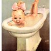 Charming 1950 Italian sanitaryware poster featuring a gleeful blonde baby girl with pink bow perched in a white porcelain bidet, playful composition with pastel palette of cream, soft greens, and coral accents, vintage offset-lithograph advertising Pozzi ceramics.