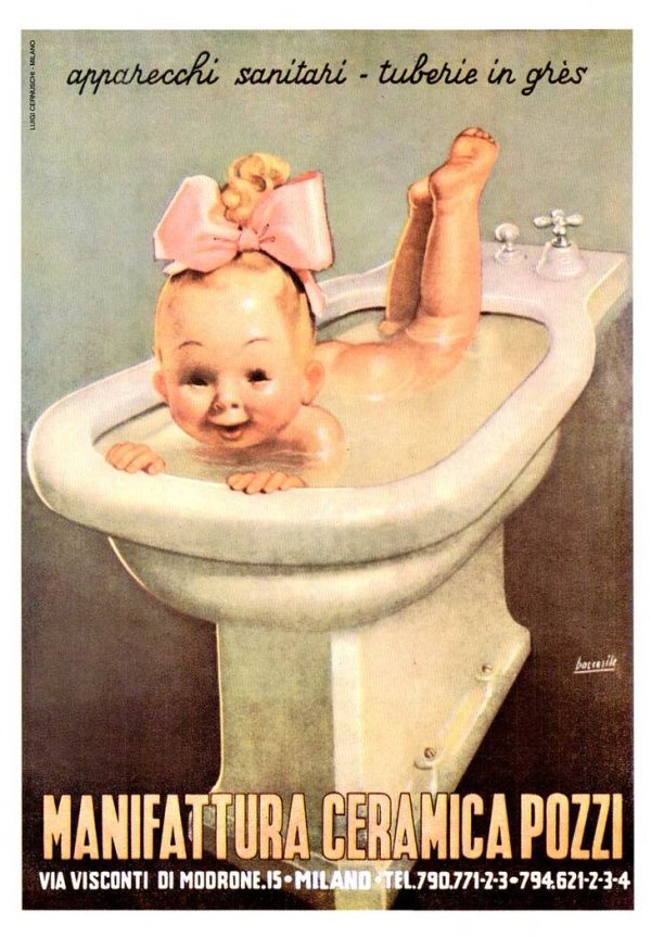 Charming 1950 Italian sanitaryware poster featuring a gleeful blonde baby girl with pink bow perched in a white porcelain bidet, playful composition with pastel palette of cream, soft greens, and coral accents, vintage offset-lithograph advertising Pozzi ceramics.