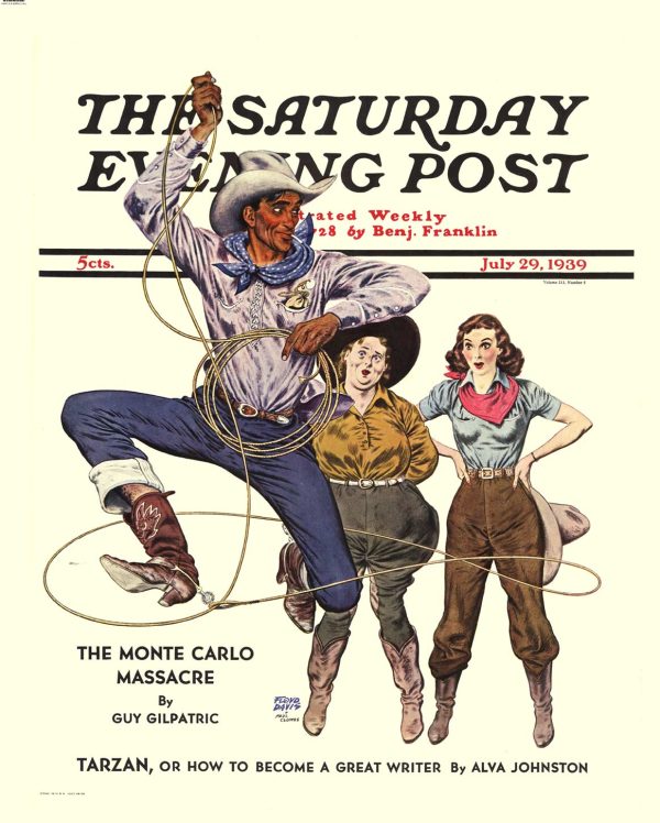 "Original 1939 Saturday Evening Post newsstand display poster by Floyd Davis: 'The Monte Carlo Massacre' by Guy Gilpatric, featuring cowboy figure with lasso and two women in Western attire, offset lithograph on linen backing, 22.25 x 28 inches"
