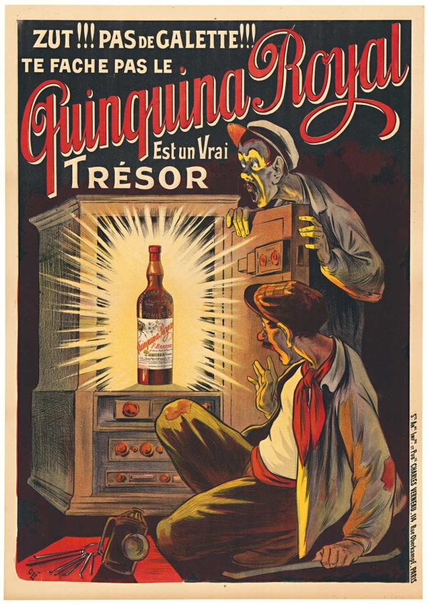 Eugene Oge Quinquina Royal antique liquor poster 1902, two figures breaking into ornate safe revealing glowing bottle, Art Nouveau stone-lithograph design with red and gold lettering