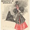 Art Nouveau Christmas poster by Irwin Moorhead for Truth magazine, 1896. An elegantly dressed society woman in a black feathered hat and crimson skirt stands against falling snow, with "Brightest of the Weeklies" text prominent above.