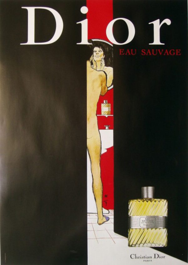 Original 1980 René Gruau Christian Dior "Shaving" poster, Eau Sauvage fragrance ad, offset-lithograph, linen-backed, IVPDA certified authentic vintage art