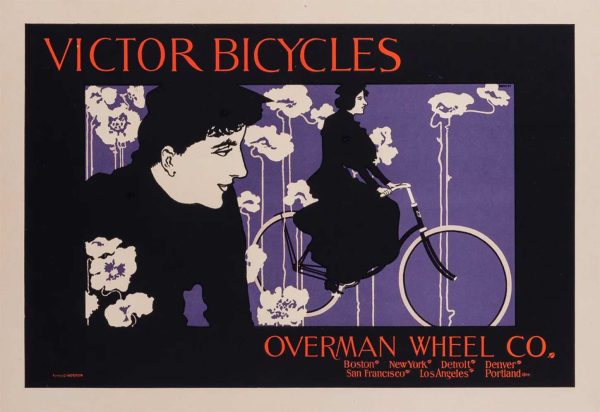 Iconic Art Nouveau bicycle poster by American pioneer Will Bradley for Victor Bicycles/Overman Wheel Co., published as Plate 152 in Les Maîtres de l'Affiche portfolio series by Imprimerie Chaix, Paris, 1899. Features elegant profile silhouette with flowing white blossoms and innovative two-wheel bicycle frame. Museum-quality condition with visible Imprimerie Chaix authentication seal. Celebrated American poster art from the Belle Époque cycling revolution.