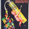Vintage 1930s German advertising cartone featuring a cheerful cherub in pink squeezing an oversized yellow Fruident toothpaste tube against a dark navy background with colorful cascading fruit including lemons, cherries, grapes, oranges, bananas, pears, and pineapples; original die-cut format with hanging string