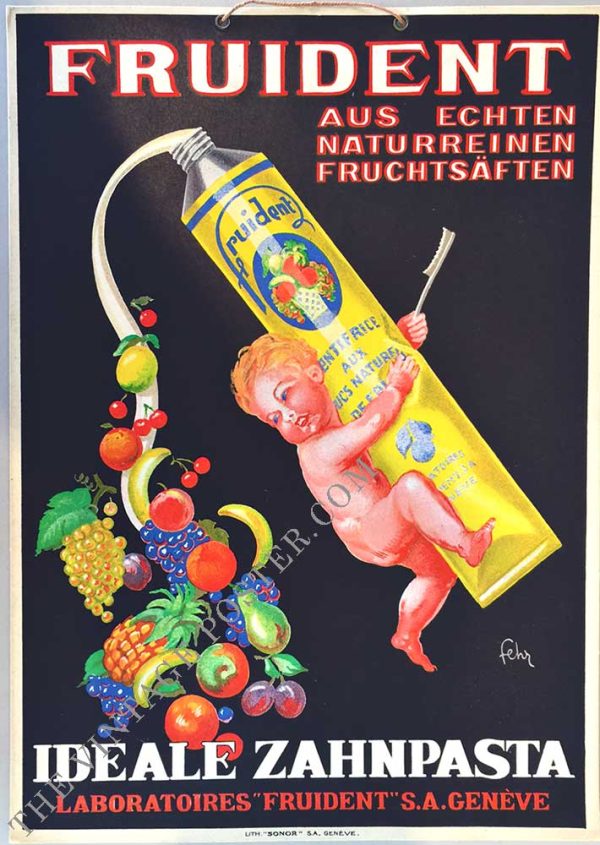 Vintage 1930s German advertising cartone featuring a cheerful cherub in pink squeezing an oversized yellow Fruident toothpaste tube against a dark navy background with colorful cascading fruit including lemons, cherries, grapes, oranges, bananas, pears, and pineapples; original die-cut format with hanging string